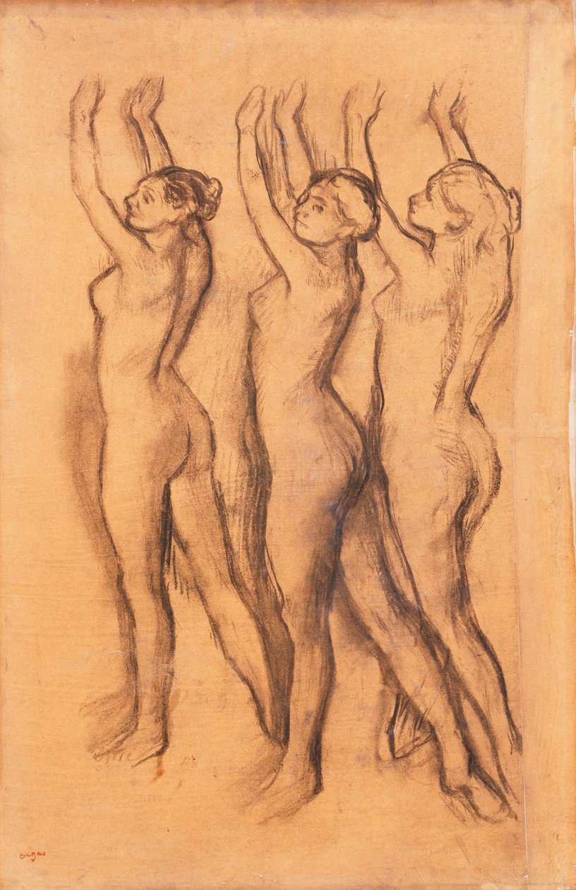 Tres bailarinas en leotardos, con brazos levantados de Edgar Degas