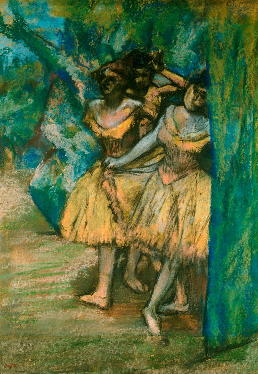 Tres Bailarinas con un Fondo de Árboles y Rocas, 1904-06 de Edgar Degas