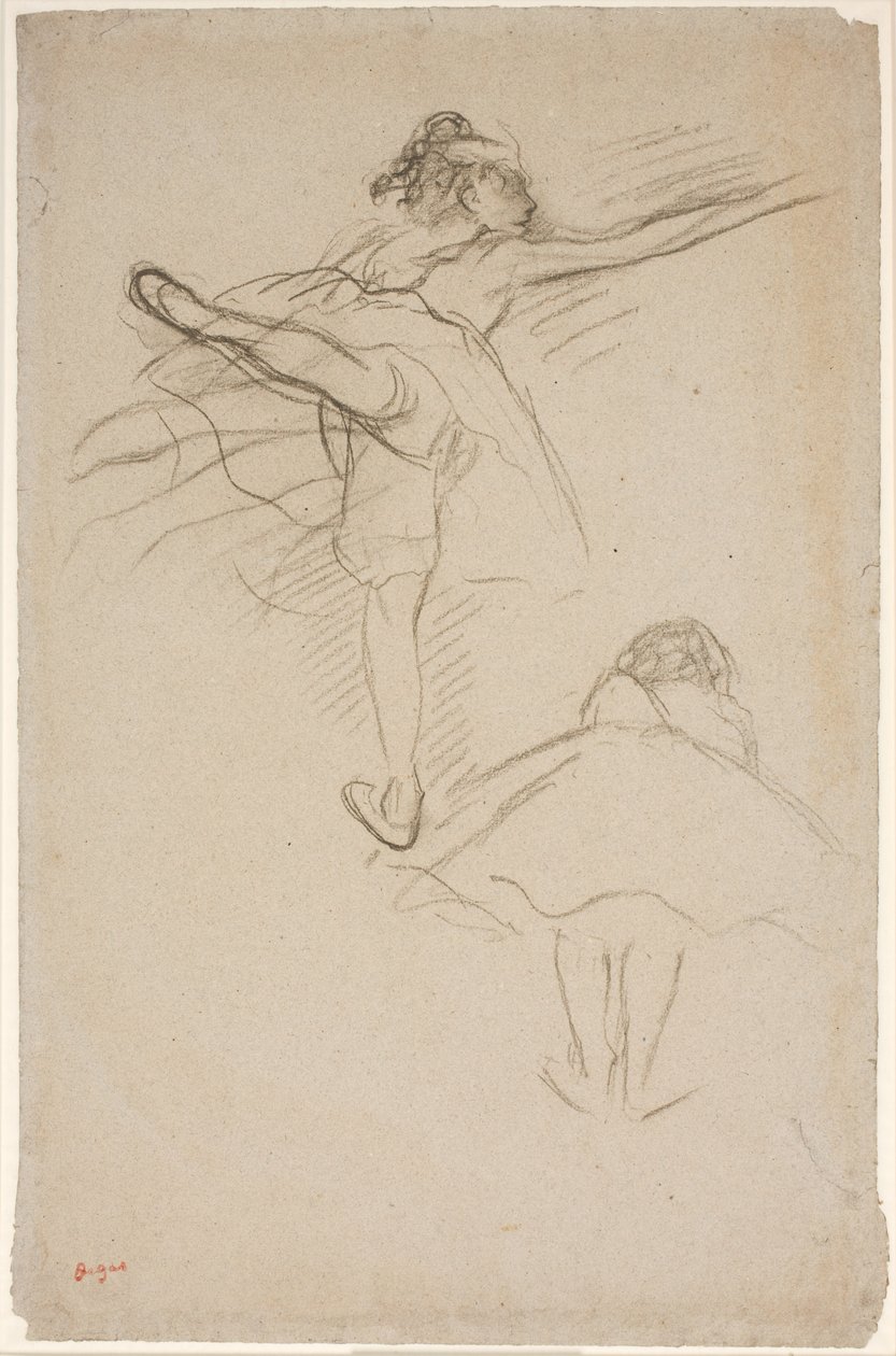 Dos estudios de bailarinas. Arriba bailarina de pie sobre la pierna izquierda; abajo bailarina inclinada hacia adelante vista desde la espalda de Edgar Degas
