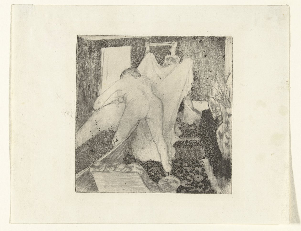 Una mujer sale del baño y su esposa le entrega la toalla
La Sortie du Bain de Edgar Degas