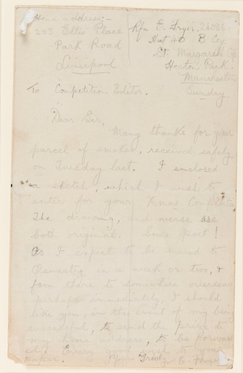 Carta al editor de un concurso de periódico, 1914-18 de Edgar Fryer