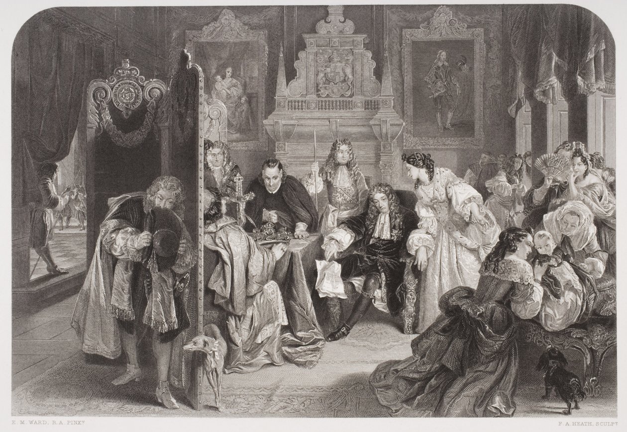 Jacobo II (1633-1701) recibiendo noticias del desembarco del Príncipe de Orange, grabado por F.A. Heath de Edgar Melville Ward