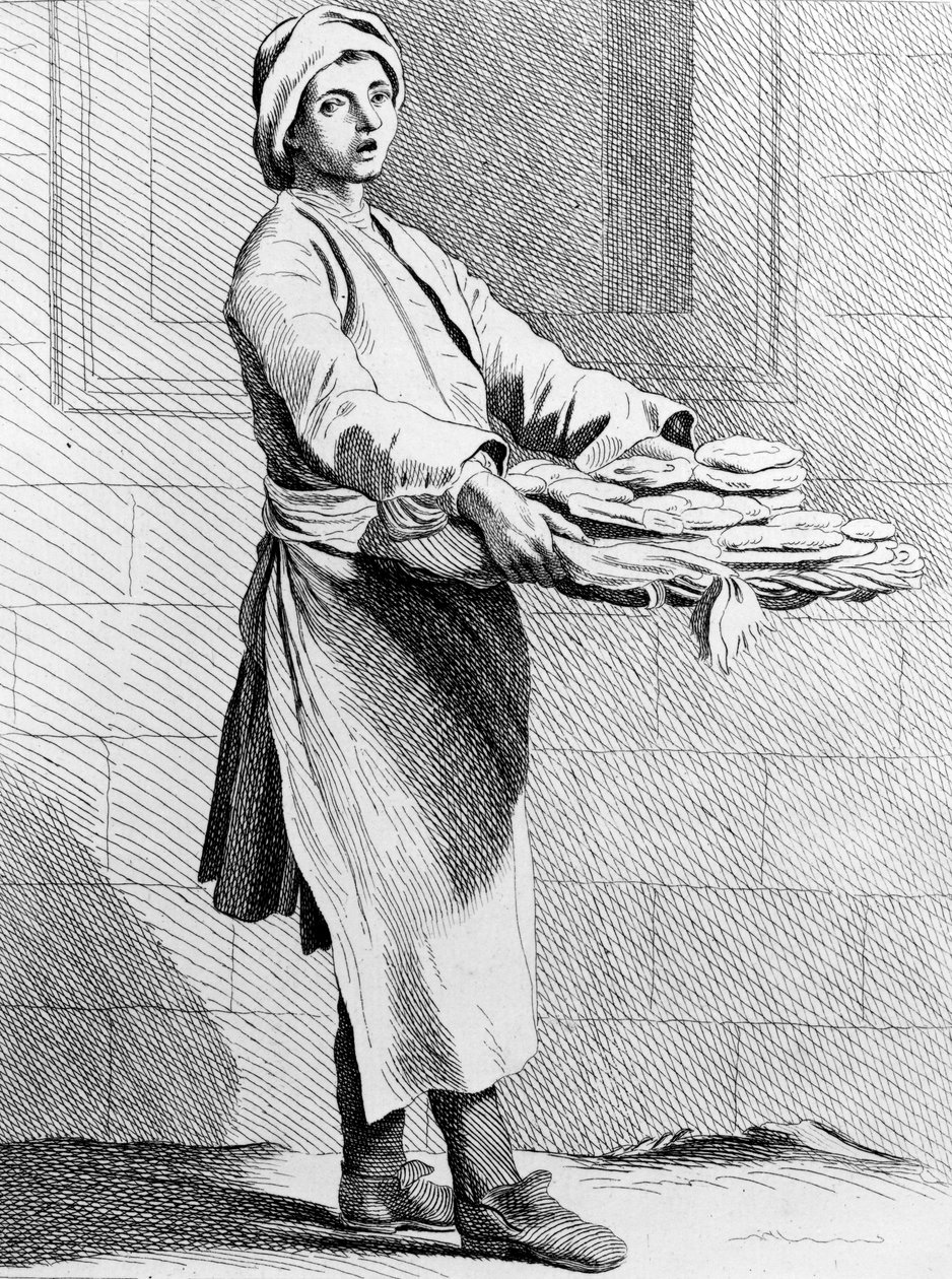 Pasteles calientes, 1737, grabado por la Escuela Francesa (siglo XVIII) de Edmé Bouchardon
