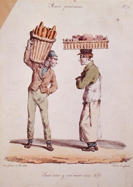 Caricatura de dos jóvenes comerciantes hablando, placa número 72 de la serie 