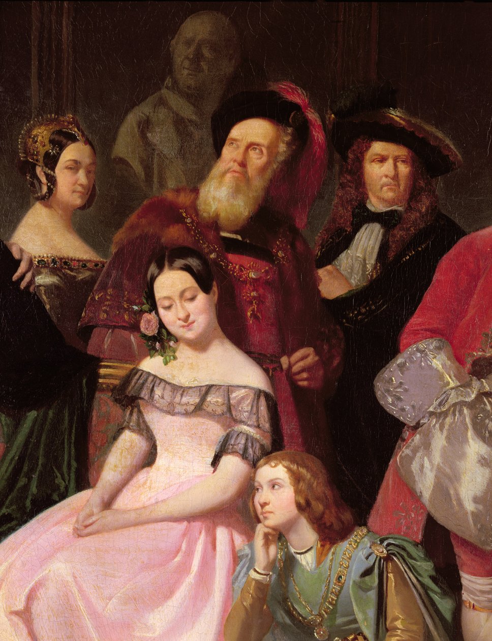 Miembros de la Comédie-Française, de izquierda a derecha: Mlle Noblet, Mlle Plessis, Joanny (1775-1849) con el traje de Hernani, Mlle Anais, Perrier, en 1840 (detalle) de Edmond Aime Florentin Geffroy