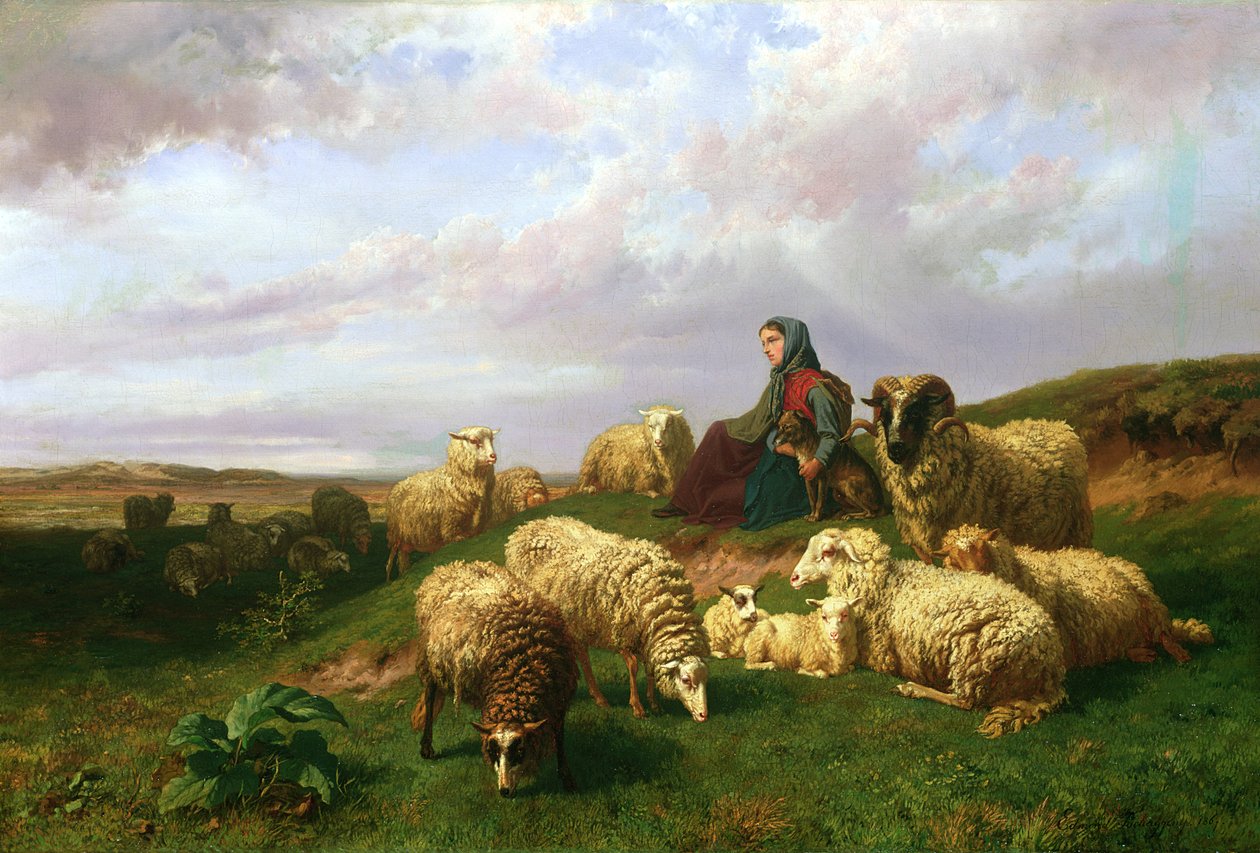 Pastora descansando con su rebaño, 1867 de Edmond Jean Baptiste Tschaggeny