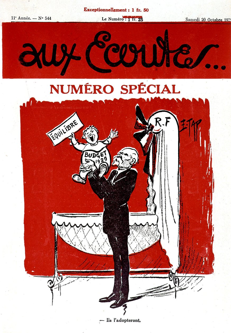 Portada del periódico francés Aux Ecoutes con un bebé que representa el presupuesto de 1929 que va a estar en la cuna (república francesa) de Edmond (1861 1943) Tapissier