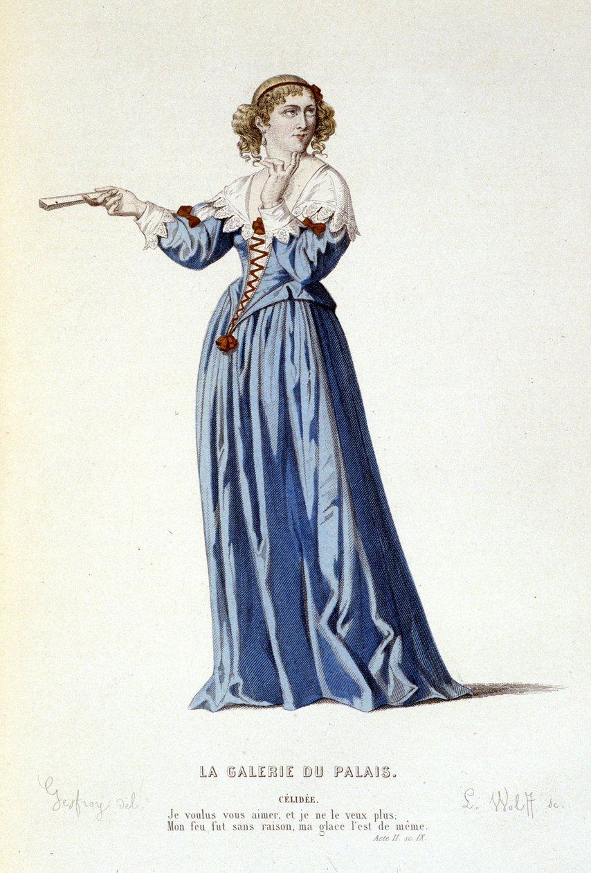 El personaje de Celidee en la comedia La galería del palacio o la amiga rival - Teatro completo: (Colección de obras de teatro de Corneille) dibujo de Geffroy, grabado por L. Wolff - ed. Laplace, Sanchez et Cie, París 1884 de Edmond Aime Florentin Geffroy