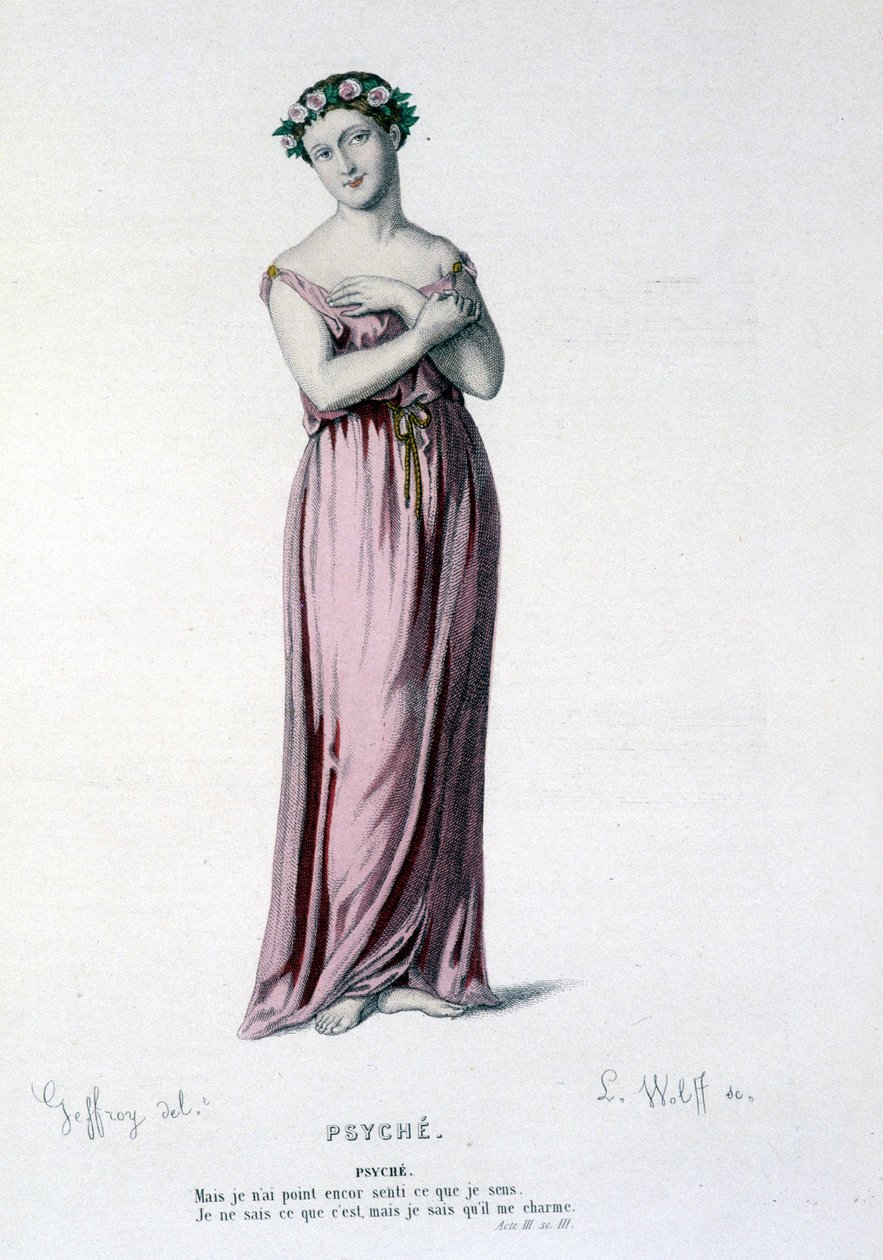 El personaje de Psique en la tragi comedia y ballet Psique, Moliere y Corneille - Teatro completo: (Colección de obras de Corneille) dibujo de Geffroy, grabado por L. Wolff - ed. Laplace, Sanchez et Cie, París 1884 de Edmond Aime Florentin Geffroy