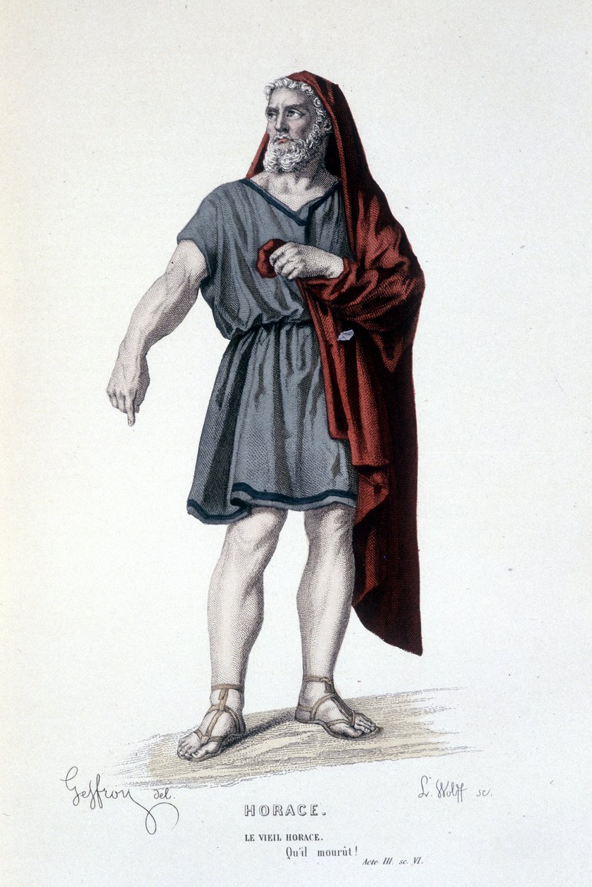 El personaje del viejo Horacio en la tragedia Horacio - Teatro Completo: (Colección de obras de Corneille) dibujo de Geffroy, grabado por L. Wolff - ed. Laplace, Sanchez y Cie, París 1884 de Edmond Aime Florentin Geffroy
