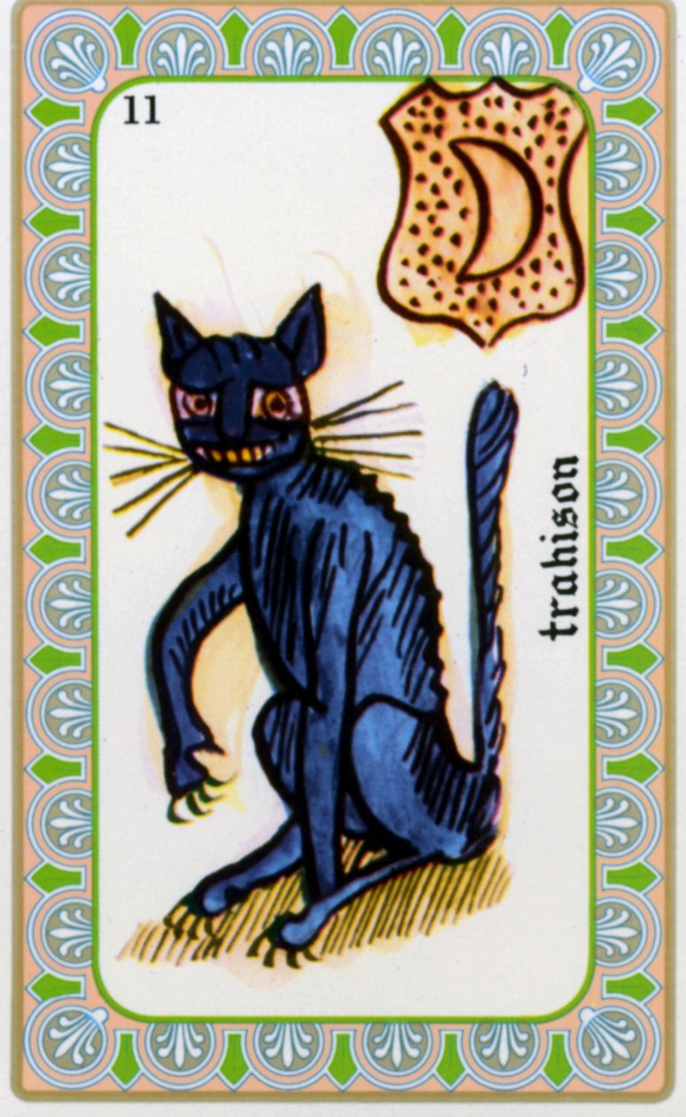 tarot del mago Belline dibujado por Edmond Billaudot c. 1845 y entregado al clarividente Belline para su reedición: carta de la traición: el gato de Edmond Billaudot