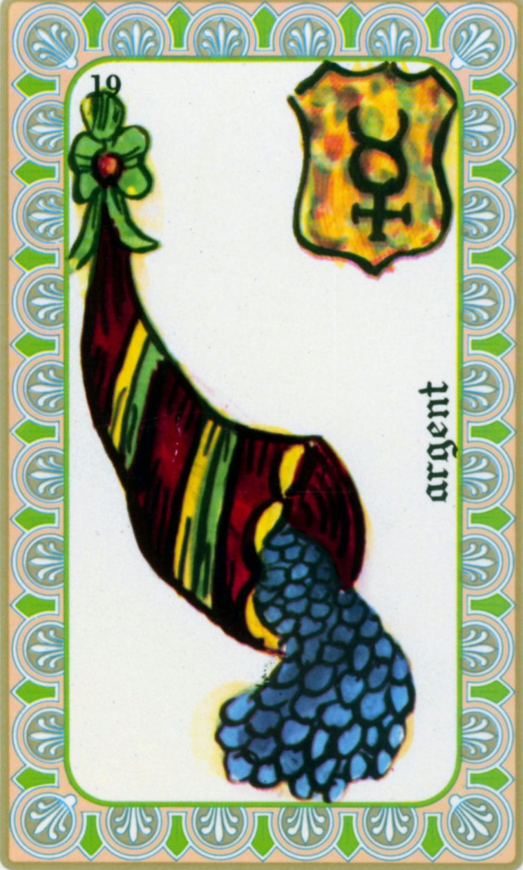tarot del mago Belline dibujado por Edmond Billaudot c. 1845 y entregado al clarividente Belline para su reedición: carta del dinero: monedas en un cuerno de la abundancia de Edmond Billaudot