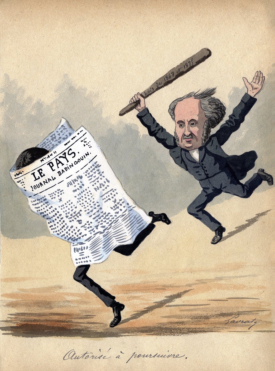 "Autoridad para perseguir", caricatura sobre la Ley de Prensa de 1875 en Francia (litografía en color) de Edmond Lavrate