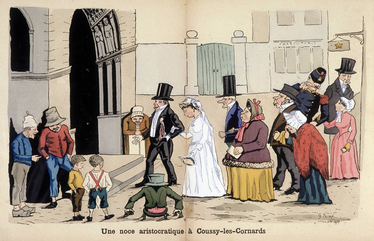 Caricatura sobre la sociedad francesa por Lavrate: una boda aristocrática en Coussy les Cornards. 1880 de Edmond Lavrate