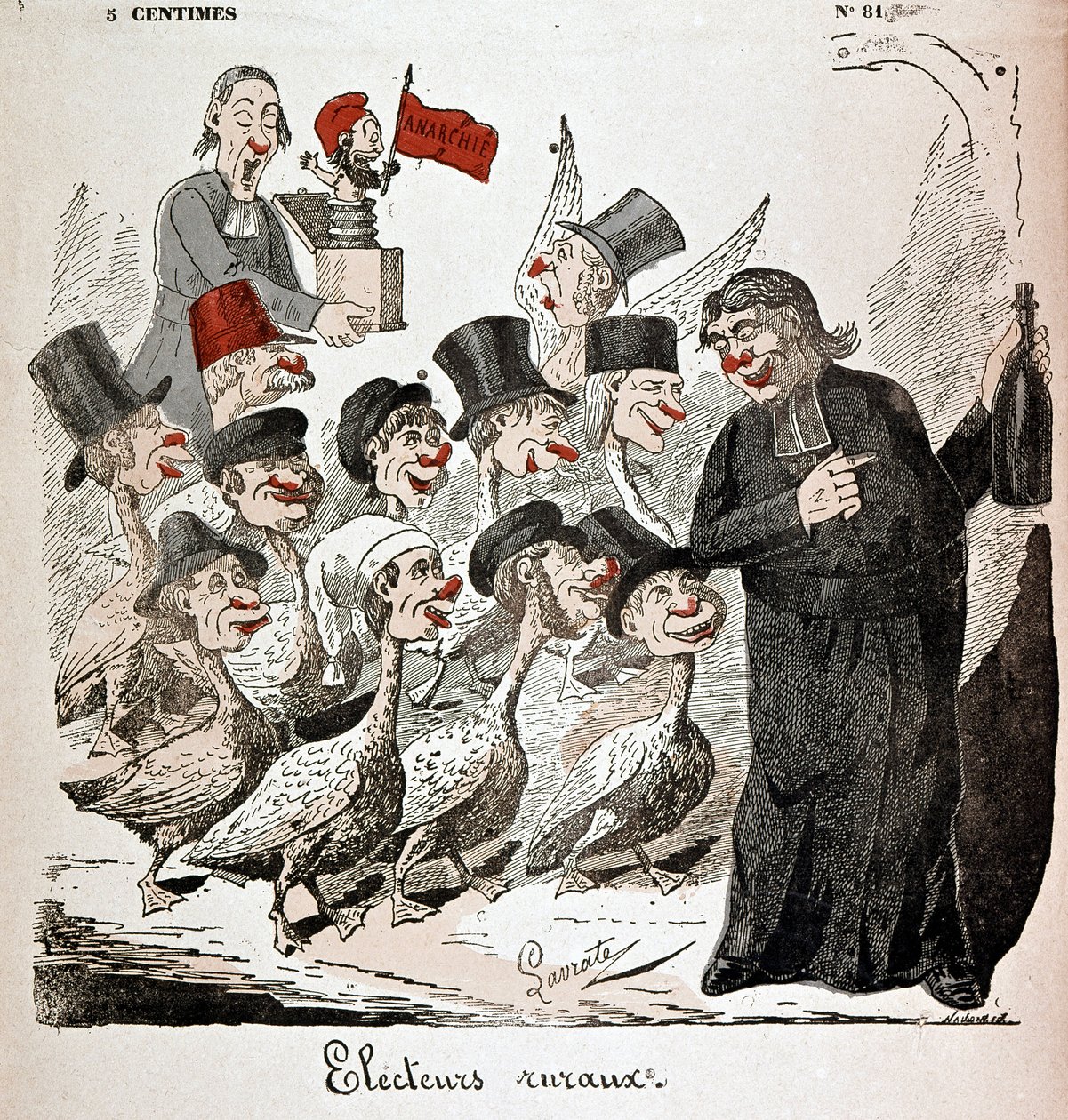 Votantes rurales: votantes representados como gansos y atraídos por un sacerdote con alcohol - dibujo de Lavrate de Edmond Lavrate