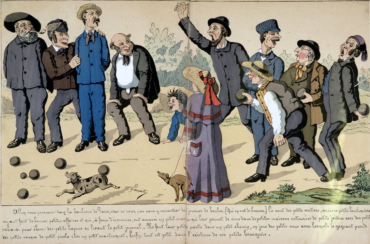 Pequeños burgueses jugando a las bolas - Caricatura social de Lavrate. de Edmond Lavrate