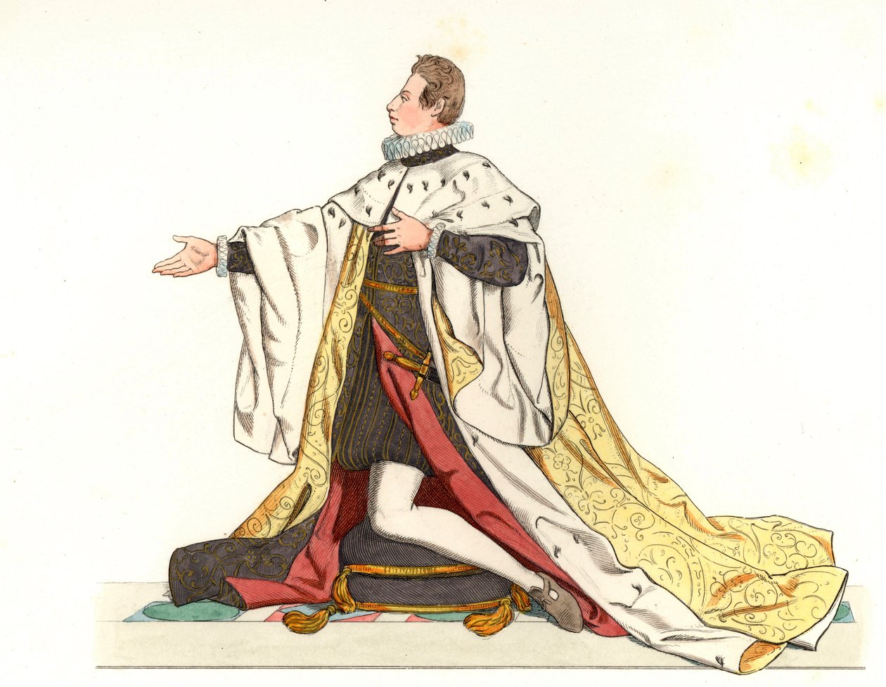 Cosme II de Médicis (1590-1621), Gran Duque de Toscana (Italia) - Litografía basada en una ilustración de Edmond Lechevallier-Chevignard (1825-1902), de “Trajes históricos del siglo XVI de Edmond Lechevallier Chevignard