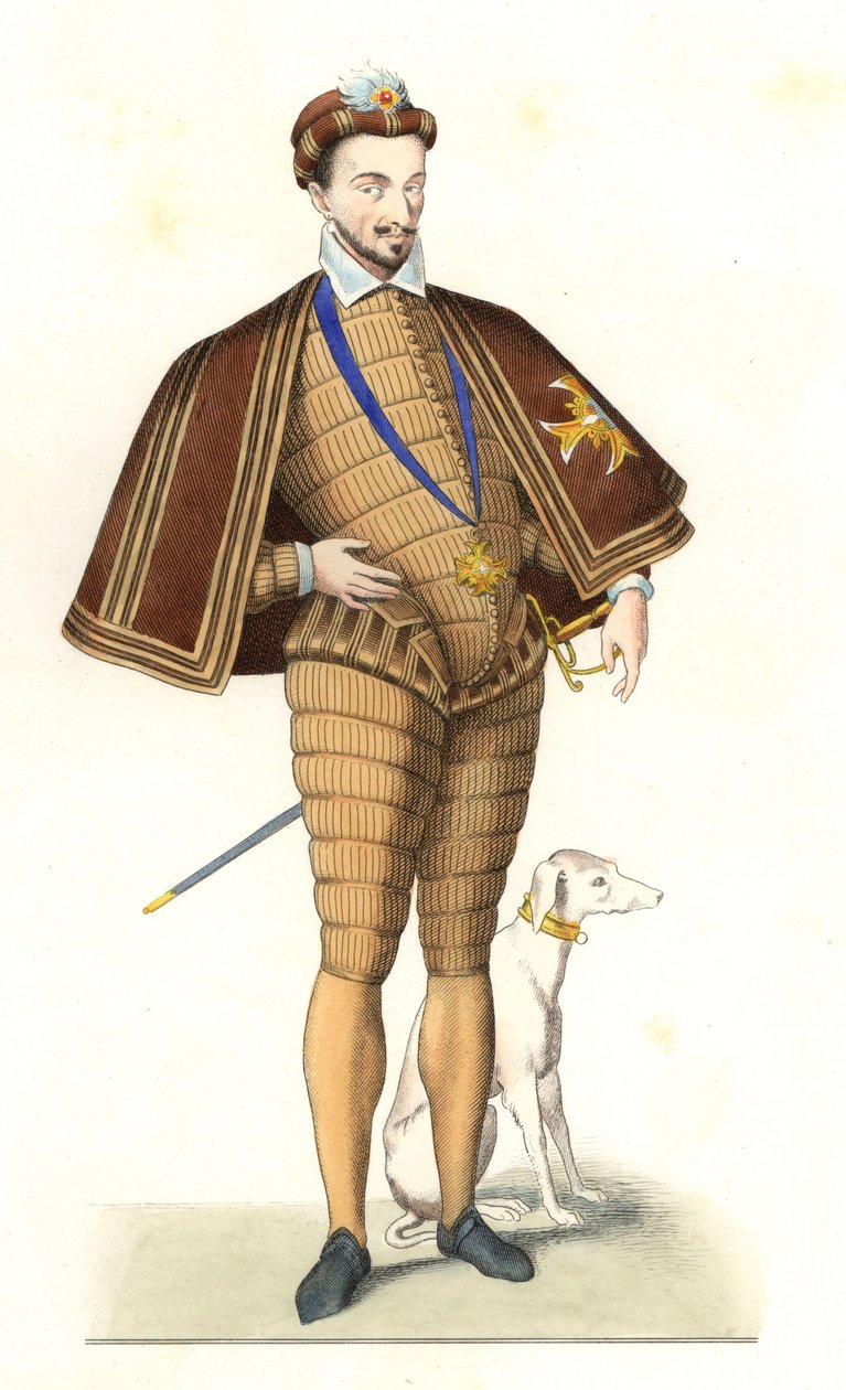 Rey Enrique III de Francia (1551-1589), con el collar de la Orden del Espíritu Santo - Litografía de una ilustración de Edmond Lechevallier-Chevignard (1825-1902), de “Trajes históricos del siglo XVI” de Edmond Lechevallier Chevignard