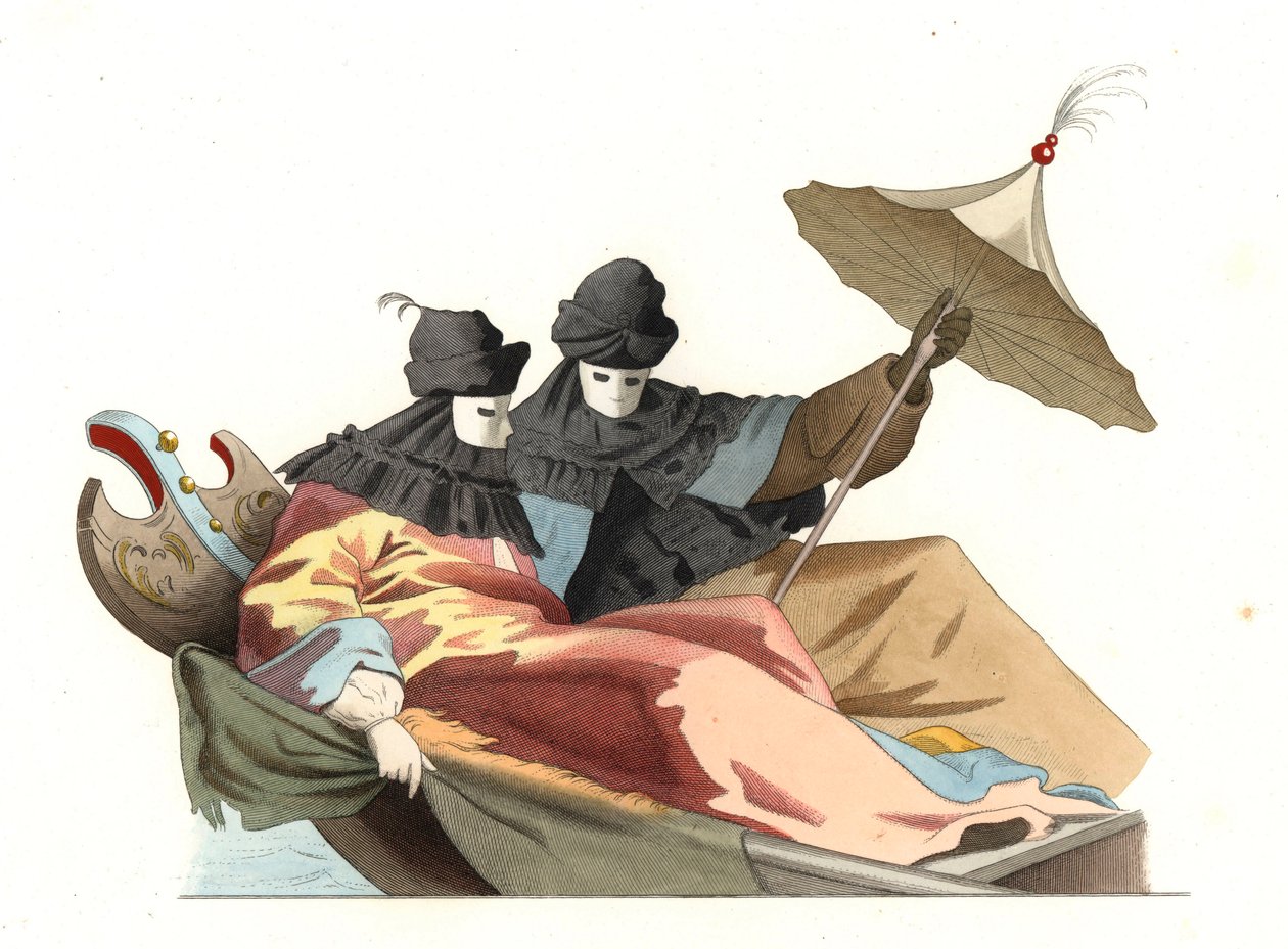Venecianos con máscara bauta, Italia siglo XVIII, basado en una pintura de Giovanni Antonio Canal dit Canaletto (1697-1768) - Litografía basada en una ilustración de Edmond Lechevallier-Chevignard (1825-1902), de Historical Costumes of the 16th de Edmond Lechevallier Chevignard
