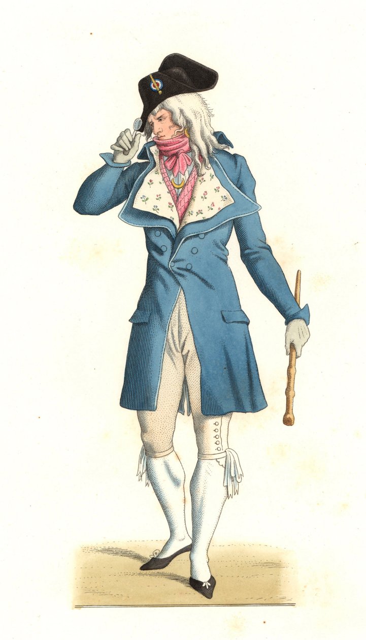 Joven francés nacido en la moda de los Increíbles del siglo XVIII, después de una pintura de Carle Vernet (1758-1836) - Litografía de una ilustración de Edmond Lechevallier-Chevignard (1825-1902), de 