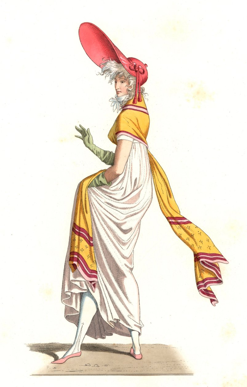 Joven mujer francesa vestida a la moda de los Maravillosos del siglo XVIII, de una ilustración de Edmond Lechevallier-Chevignard, de 