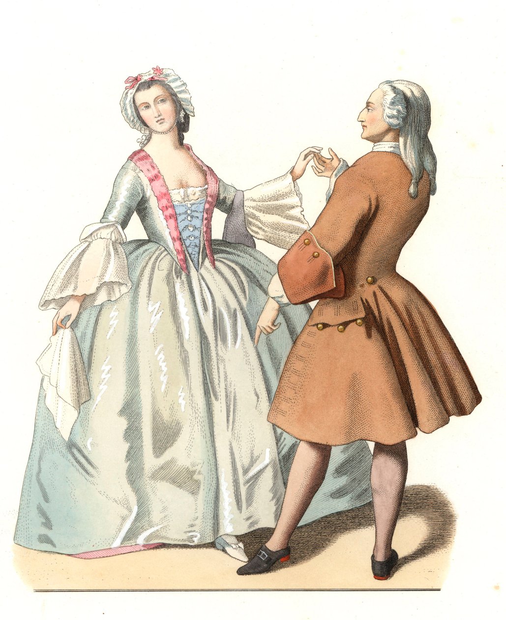 Maestro de danza y un joven veneciano, lección de baile en Italia siglo XVIII, basado en una pintura de Pietro Longhi - Litografía basada en una ilustración de Edmond Lechevallier-Chevignard, extraída de "Trajes Históricos del siglo XVI" de Edmond Lechevallier Chevignard