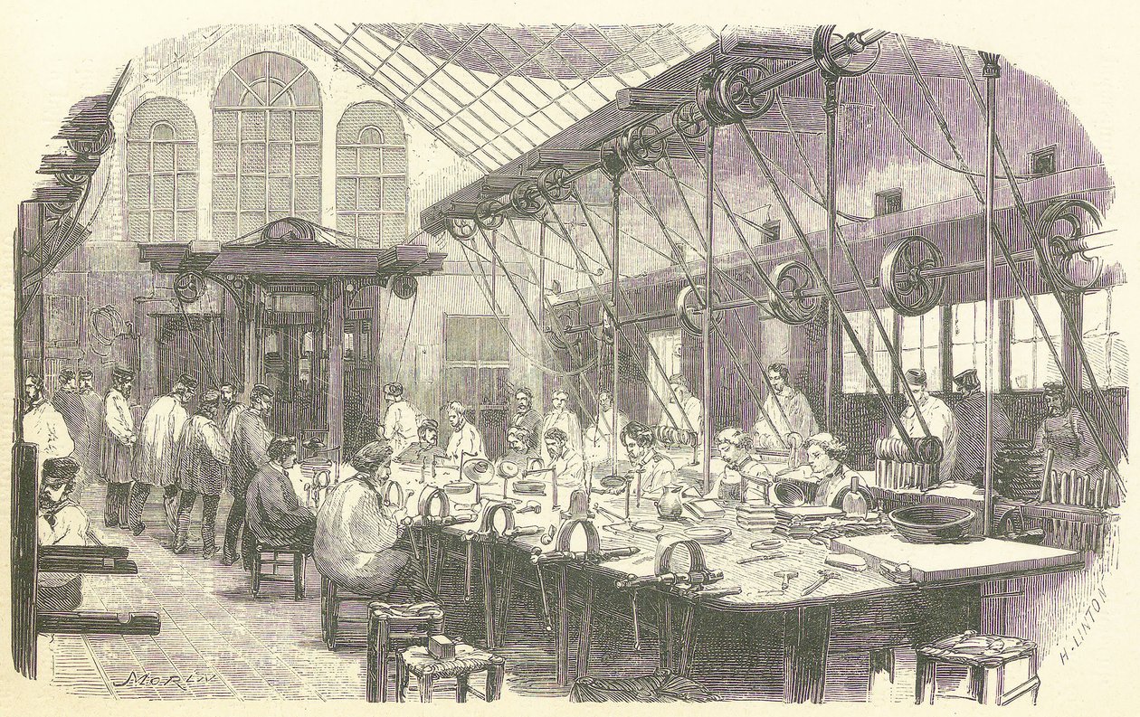 Plateros trabajando en la Fábrica de Cubiertos Christophle en París, pub. 1875 de Edmond Morin