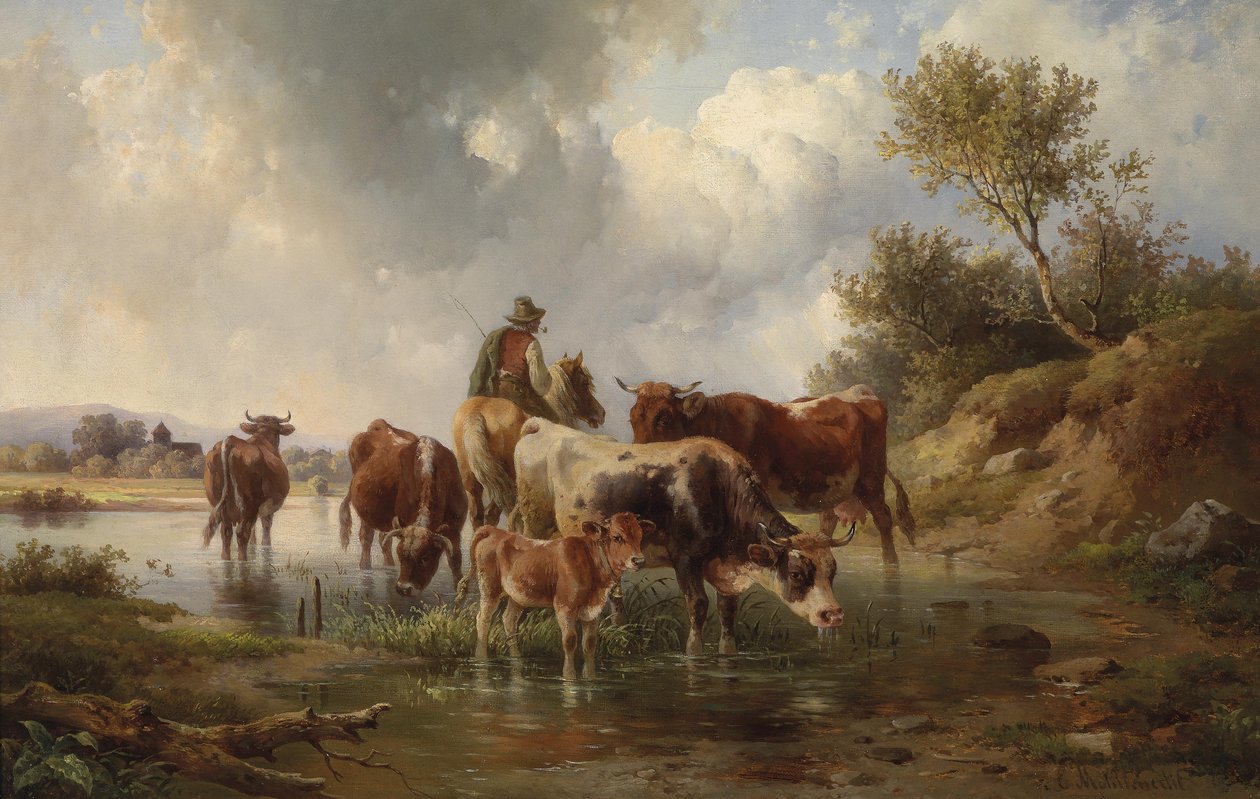 Vacas con pastores en el vado de Edmund Mahlknecht