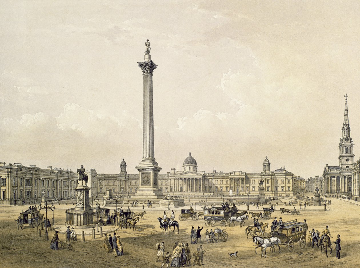 Trafalgar Square, con la Galería Nacional y la Iglesia de St. Martin, grabado por Thomas Picken, publicado 1852 de Edmund Walker