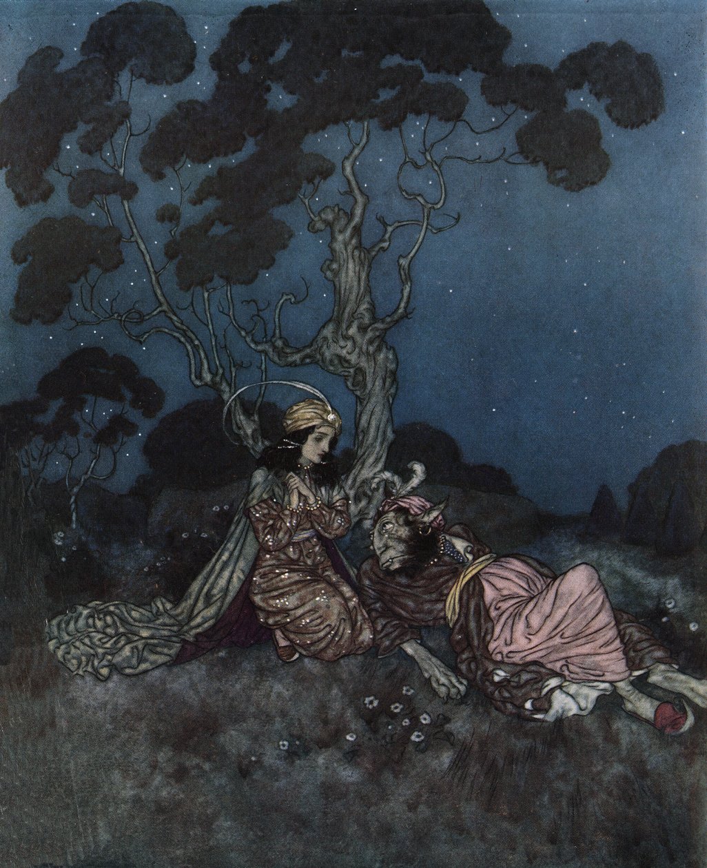 La Bella y la Bestia: la Bella asustada por la Bestia yace cerca de ella, c.1910 (litografía) de Edmund Dulac