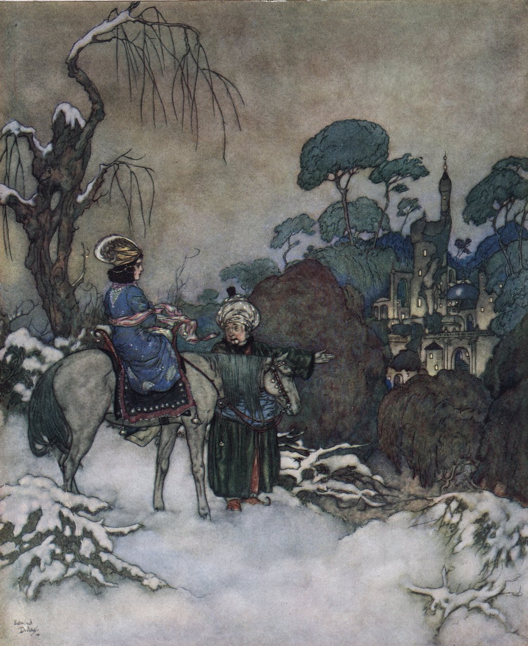 La Bella y la Bestia: la Bella, habiendo aceptado ocupar el lugar de su padre prisionero de la Bestia para liberarlo, se dirige hacia el castillo, c.1910 (litografía) de Edmund Dulac