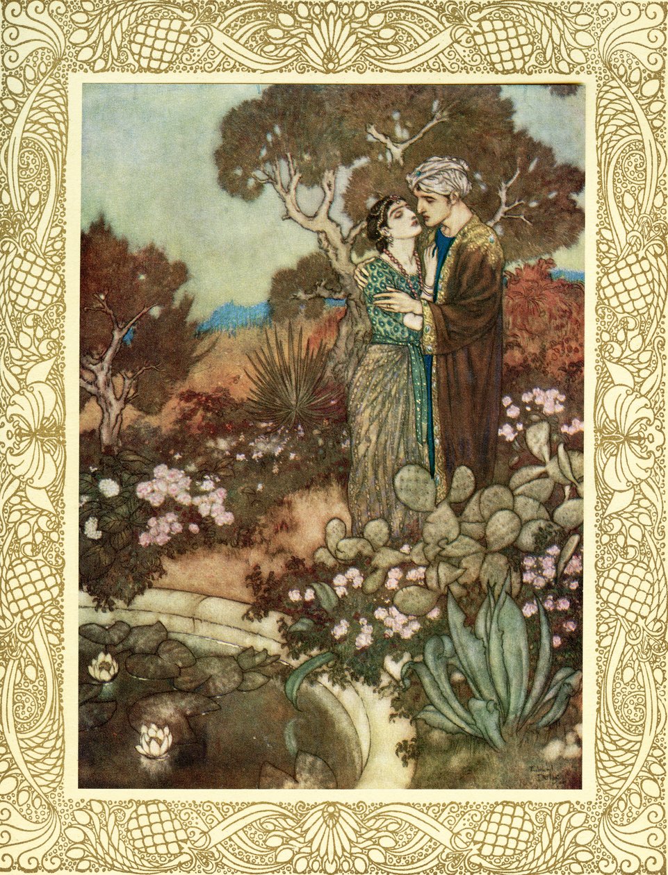 En tu pequeña hora de gracia, el ciprés ondulante en tus brazos se une, antes de que la madre vuelva a estrecharte entre sus brazos y te abrace por última vez, ilustración de "Las Rubaiyat de Omar Khayyam", publicado en 1909 (litografía en color). de Edmund Dulac