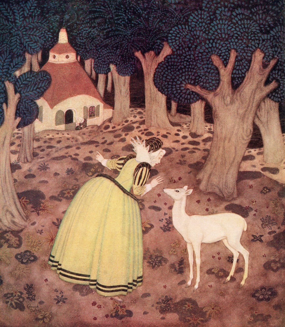 "Giroflee dio las gracias al Hada y se adentró en el bosque; y allí, efectivamente, vio una cabaña y una anciana sentada fuera", ilustración del cuento francés La cierva del bosque, del Fairy-Book de Edmund Dulac: Fairy Tales of the Allied Nations, de Edmu de Edmund Dulac