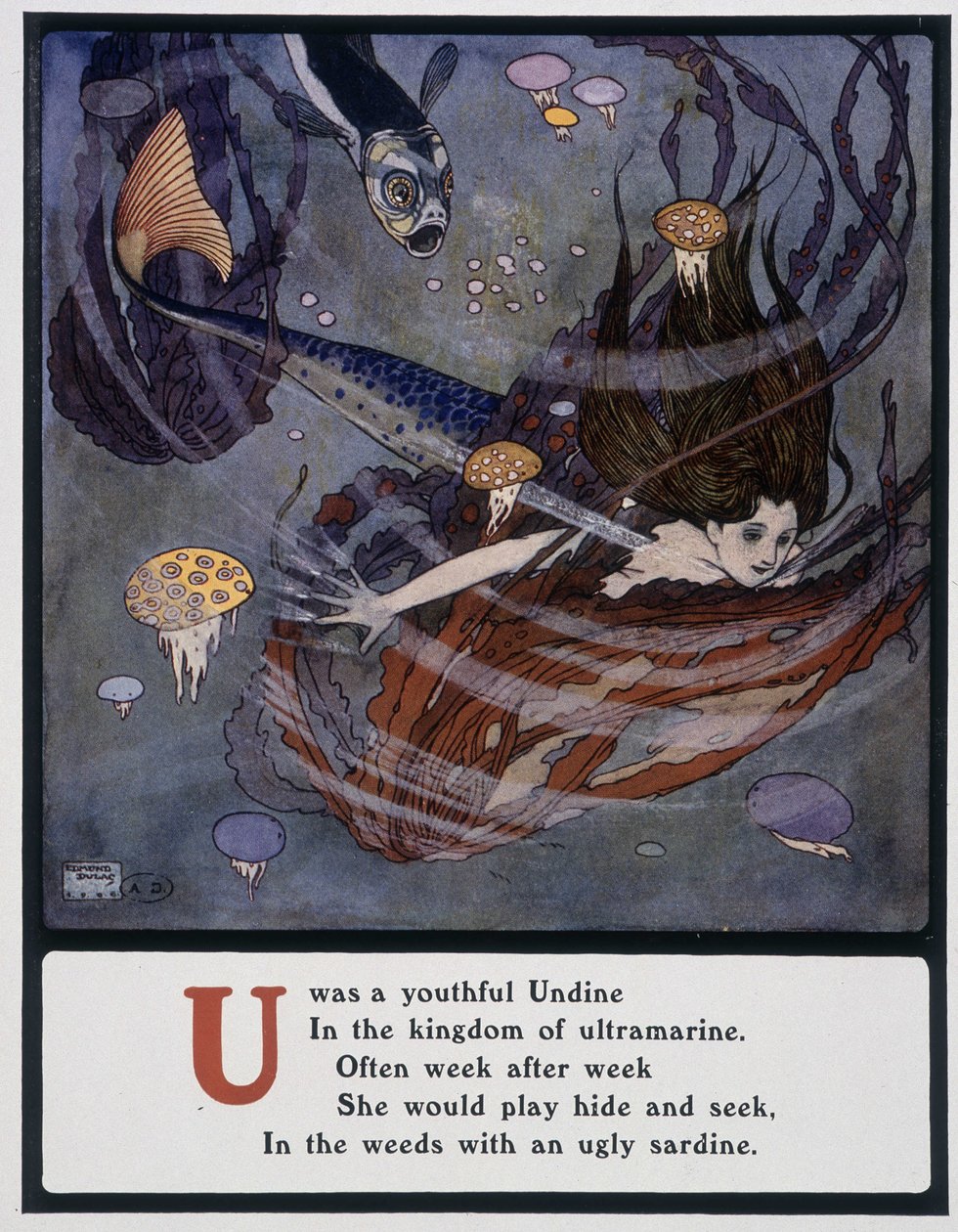 Letra U (Undine), sirena bajo el mar, c.1908 (dibujo) de Edmund Dulac