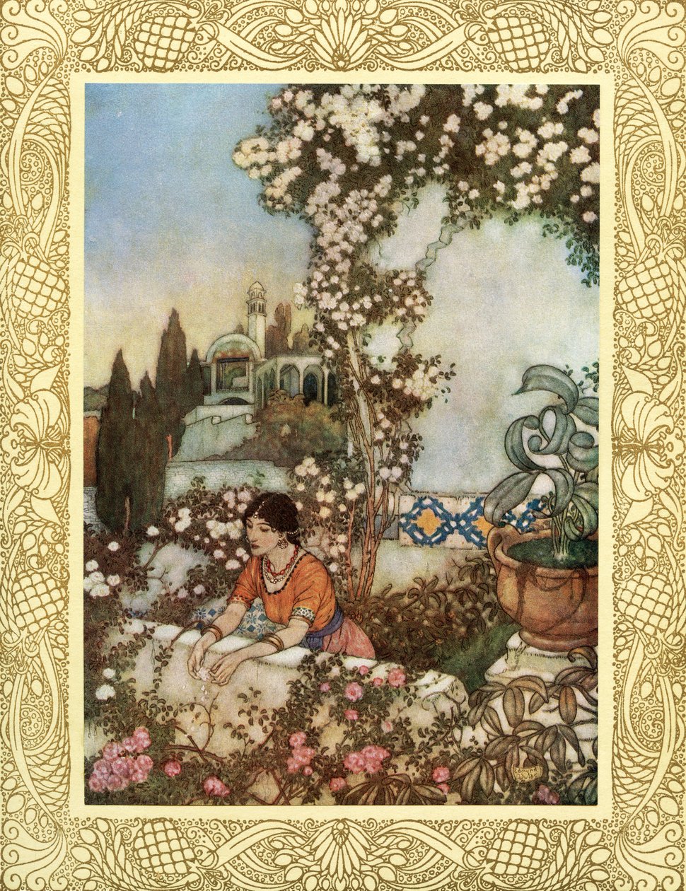 Mira a la Rosa que sopla a nuestro alrededor - "He aquí, riendo", dice, "al mundo soplo: A la vez la borla de seda de mi Bolsa Rasgar, y su Tesoro en el Jardín tirar, ilustración de 