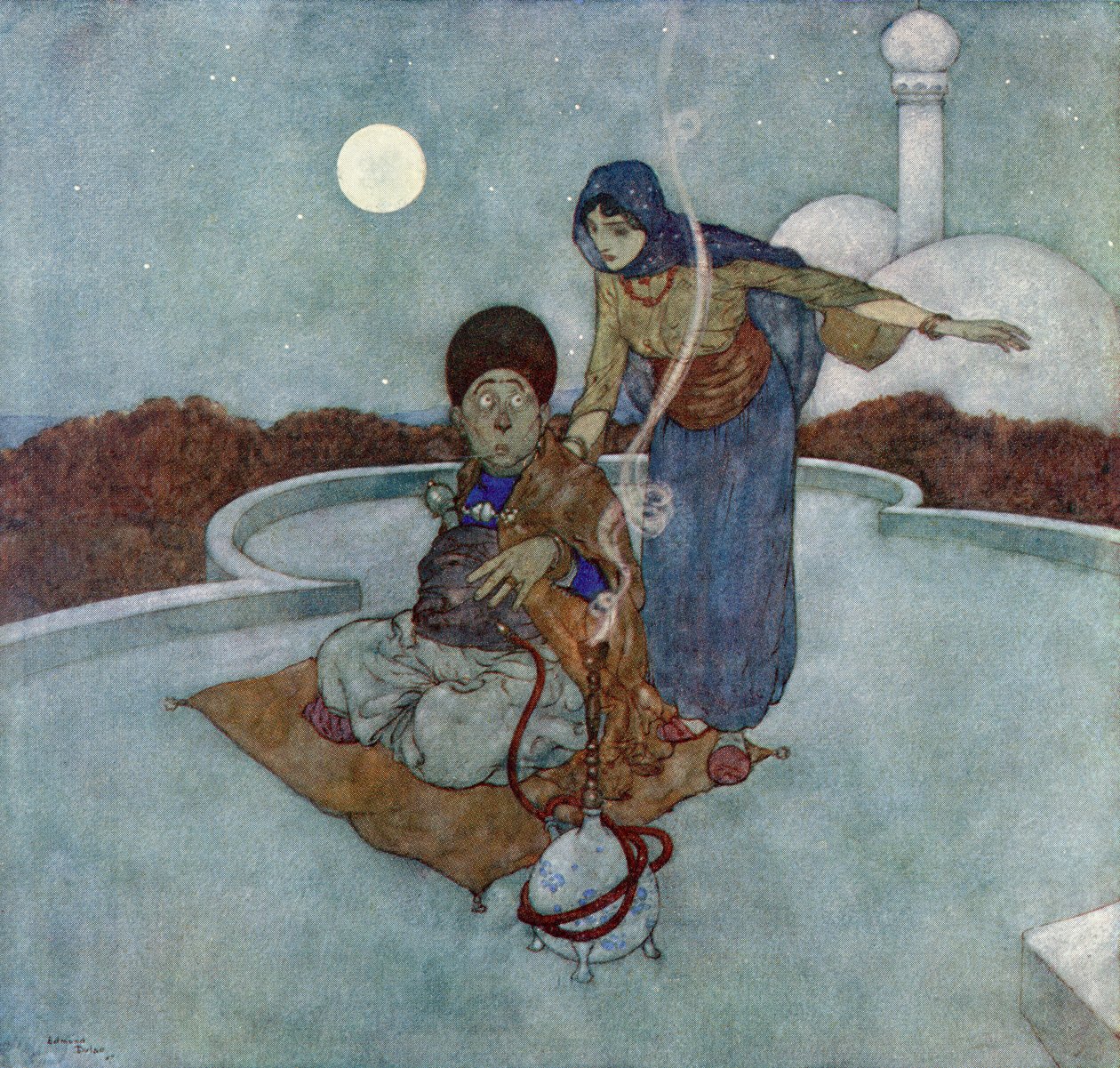 Gritó: "Oh, miserable, qué triste vigilancia es ésta que has mantenido", ilustración de "La historia del caballo mágico". de Edmund Dulac