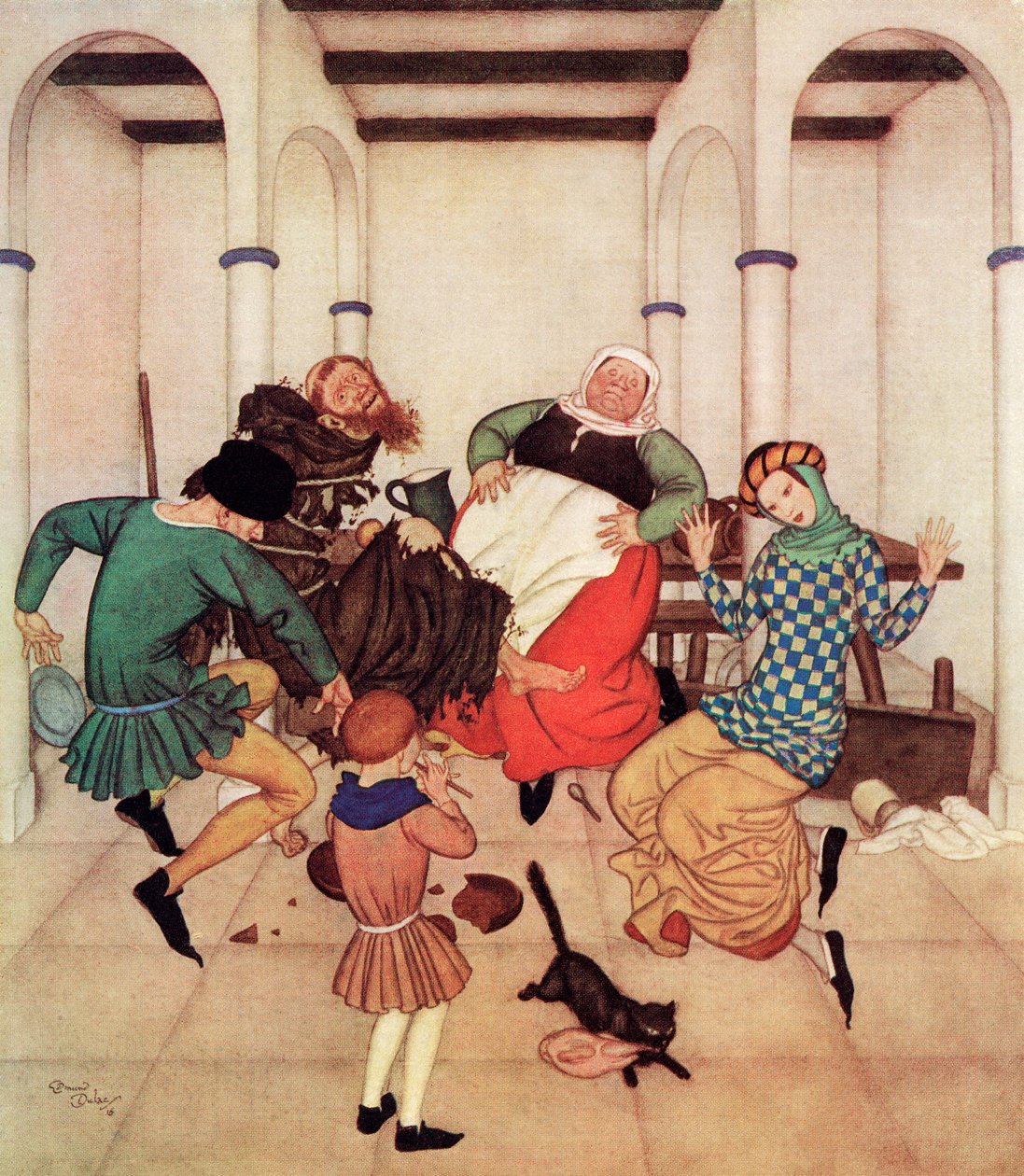 "El fraile, atado firmemente al poste, se retorcía y retorcía, mostrando claramente que lo pisaría si pudiera", ilustración del cuento inglés The Friar and the Boy, de Edmund Dulac