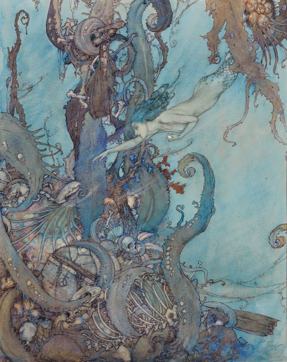 La Sirenita, "A la mera vista del líquido brillante retrocedieron aterrorizados" de Edmund Dulac