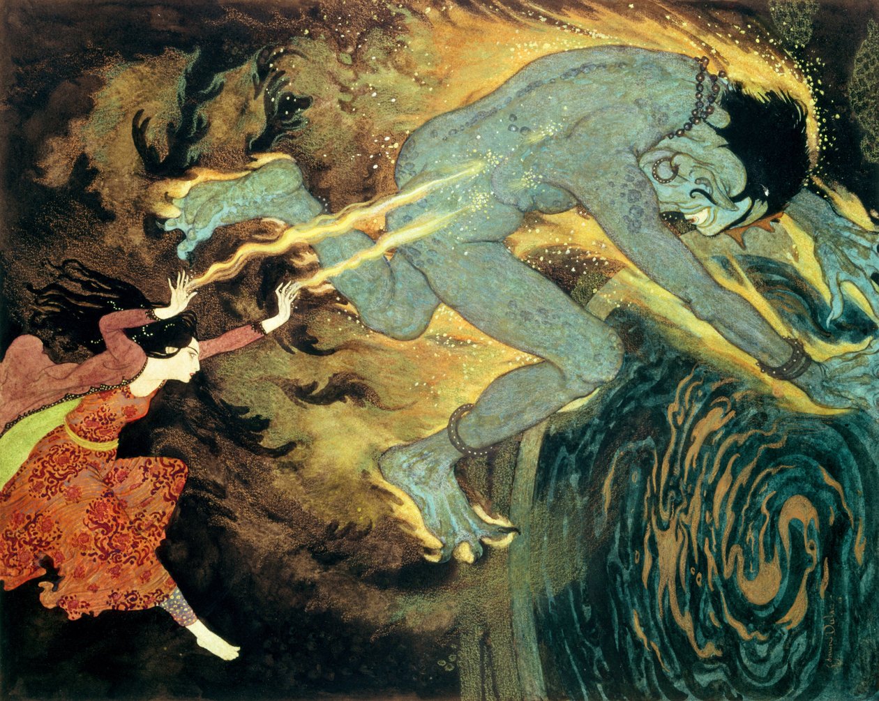 La princesa quema a Elfrite hasta la muerte, de La historia de las tres calandrias en "Simbad el marino y otros cuentos" (litografía en color) de Edmund Dulac