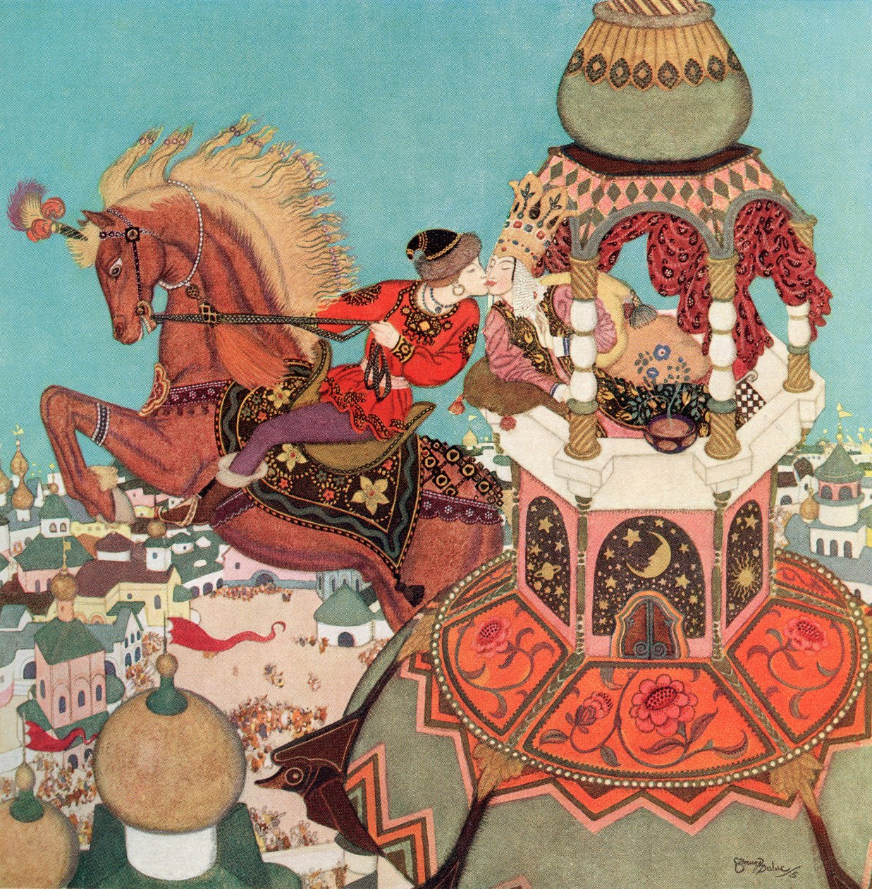 "El caballo castaño parecía quedarse en el aire en lo alto de su salto mientras duraba aquel beso", ilustración del cuento ruso Iván y el caballo castaño, del Fairy-Book de Edmund Dulac: Cuentos de hadas de las naciones aliadas, pub.1916 de Edmund Dulac