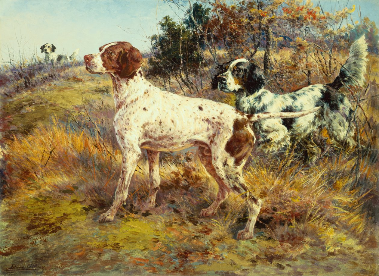 Un pointer alemán de pelo corto y dos setters en un paisaje (óleo sobre lienzo) de Edmund Henry Osthaus