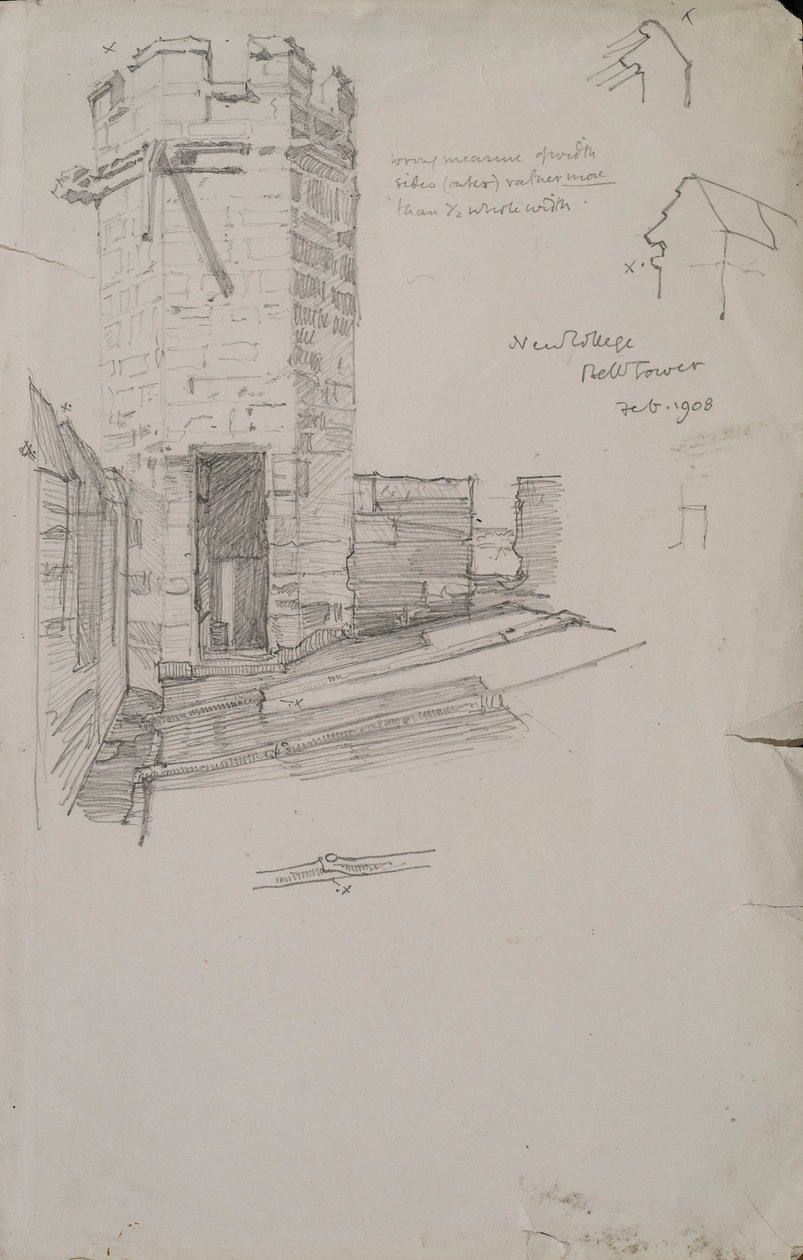 Boceto de la Torre de la Campana en New College, mostrando detalle del techo de plomo, 1908 lápiz sobre papel de Edmund Hort New