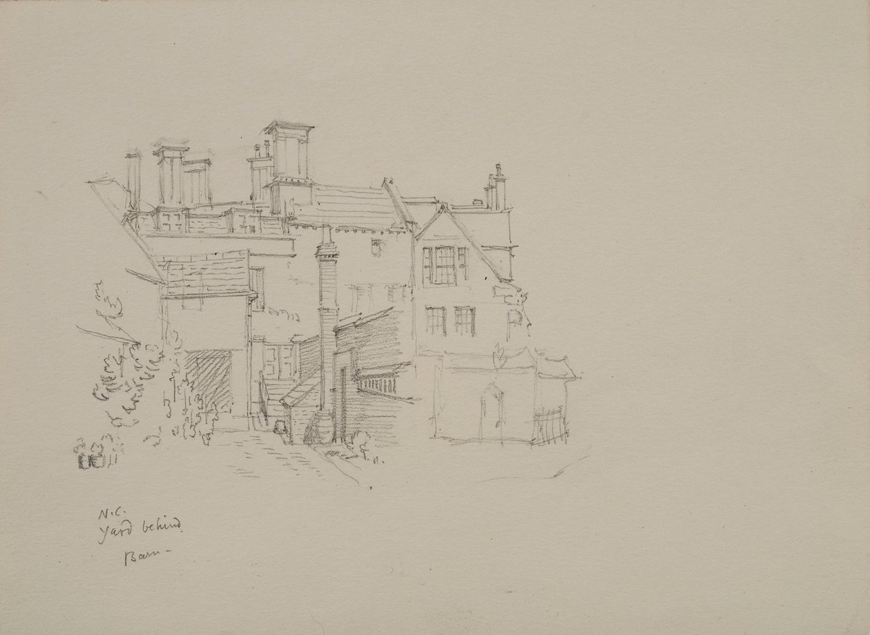 Boceto del patio detrás del granero del Guardián en New College, con alojamientos al fondo de Edmund Hort New