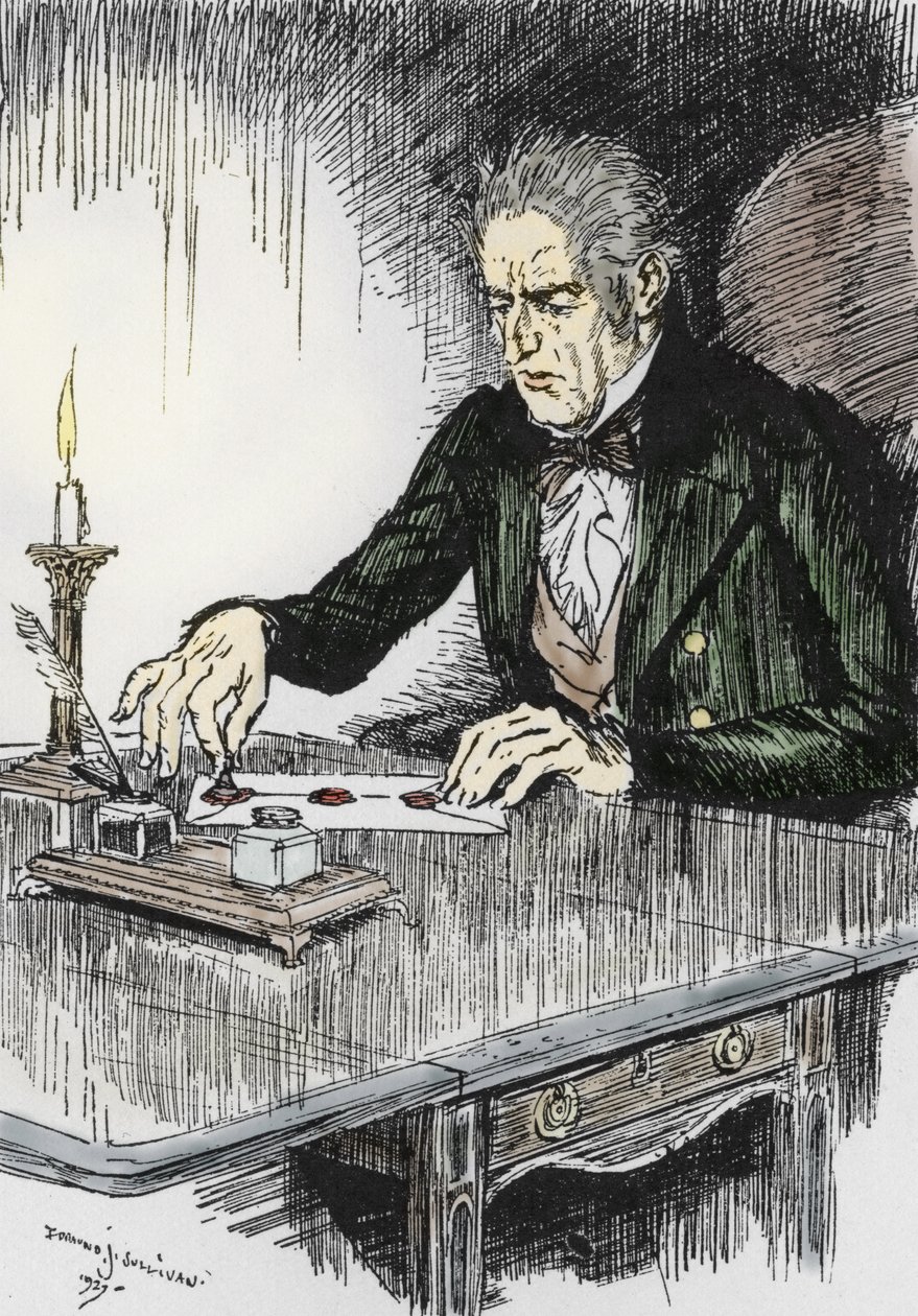 El Dr. Jekyll cierra la carta en la que confiesa ser Mr Hyde el asesino, Ilustración de Edmund Joseph Sullivan (1869-1933) para la novela L