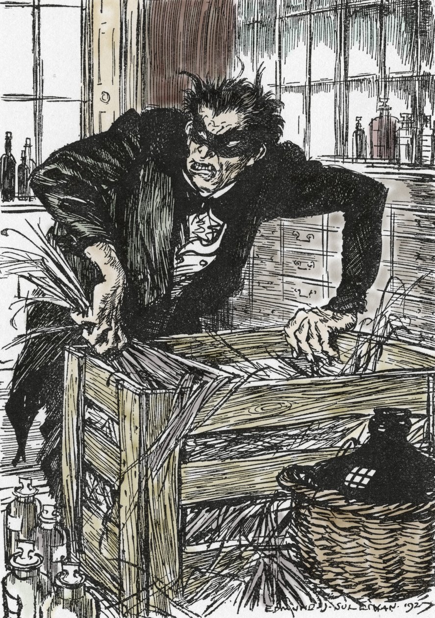 El Dr. Jekyll buscando desesperadamente los polvos que le permitan desbaratar su personaje de Mr Hyde, Ilustración de Edmund Joseph Sullivan (1869-1933) para la novela L