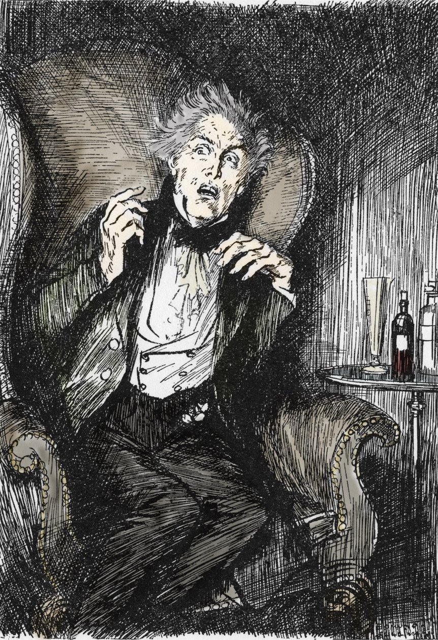 El Dr. Jekyll aterrorizado durante su conversación con Utterson y Enfield, Ilustración de Edmund Joseph Sullivan (1869-1933) para la novela L