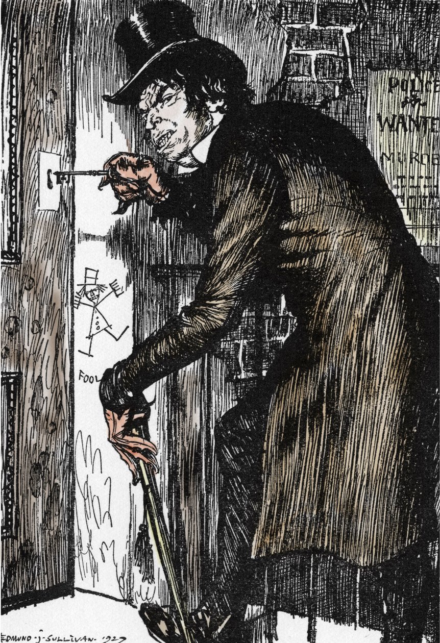 Mr Hyde vuelve a casa tras una noche de aventuras para tomar el antídoto y retomar la apariencia del Dr Jekyll, Ilustración de Edmund Joseph Sullivan (1869-1933) para la novela L