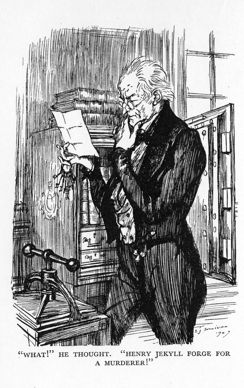 Escena de El extraño caso del Dr. Jekyll y Mr. Hyde de Robert Louis Stevenson, 1927 de Edmund Joseph Sullivan