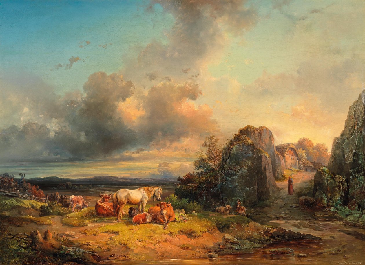 Rebaño de animales y figuras delante de un paisaje amplio de Edmund Mahlknecht