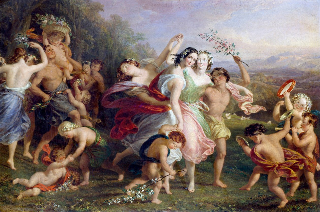 "Matinee de mai" Danza y rondas de figuras del bosque, niños envueltos en flores. Pintura de Edmund Thomas Parris (1793-1873) 1859 de Edmund Thomas Parris